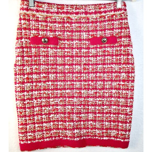 Marciano by Guess Mariah SZ. M Peony/Coral Tweed 2Gold Buttons Mini Skirt-NWT - Picture 1 of 6